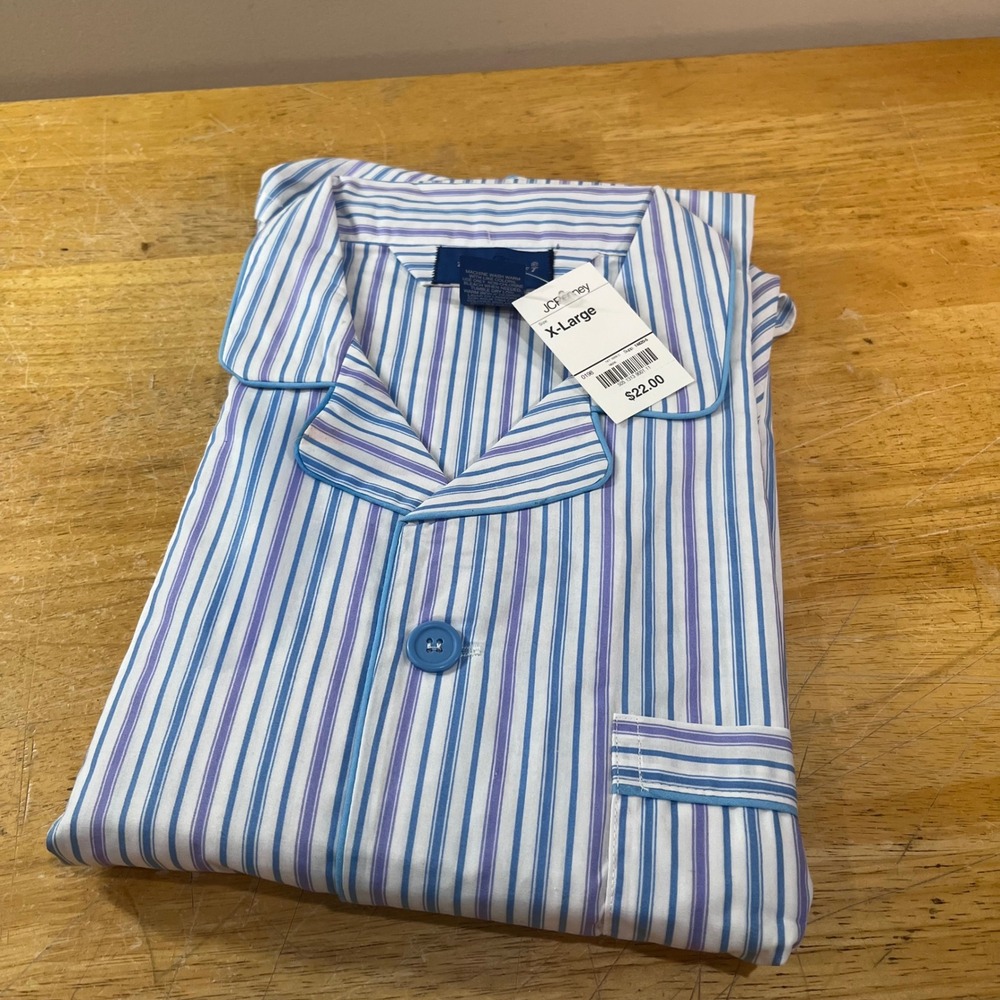 Towncraft Pajama Top Mens XL Blue Purple Striped Vtg Long Sleeve Button Up NWT